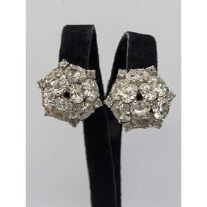 Vintage Weiss Rhinestone Cluster Clip Earrings Silver Tone Signed